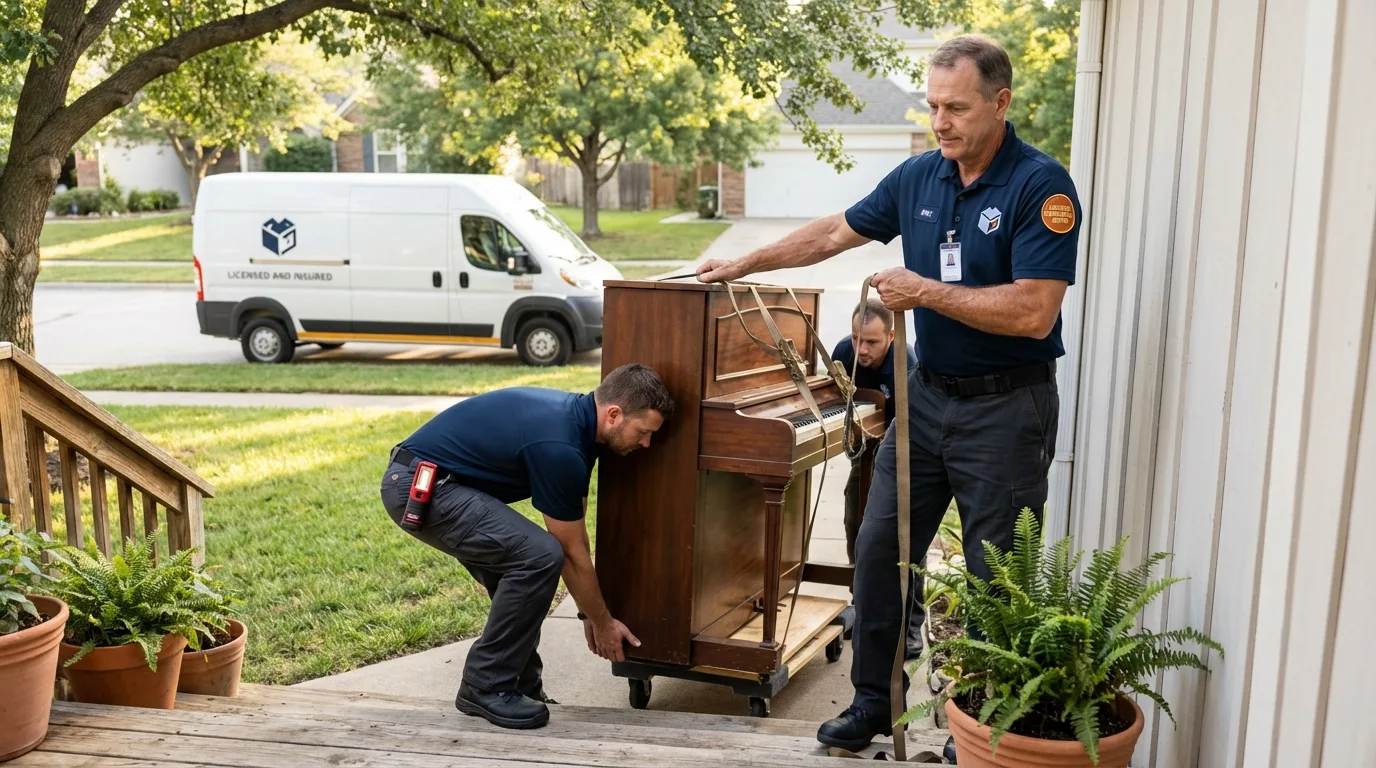 Licensed piano movers securing grand piano in Souderton, PA