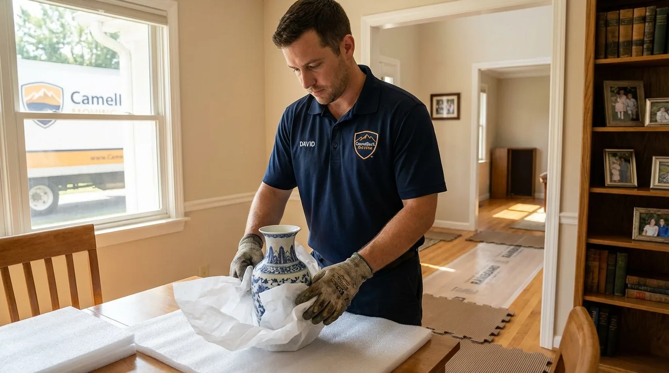 Professional crew carefully wrapping antique vase for senior downsizing move in Souderton, PA